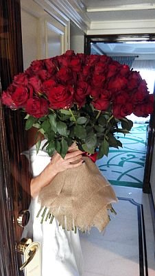 Девушка с букетом из 100 красных роз