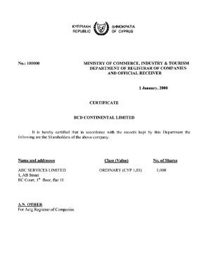 Сертификат об акционерном капитале на Кипре