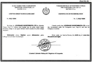 Сертификат о государственной регистрации компании Leverage Investments ltd